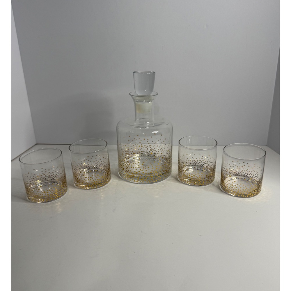 Fitz and Floyd Gold Confetti Dot Glass Decanter and 4 Whiskey Glasses Set